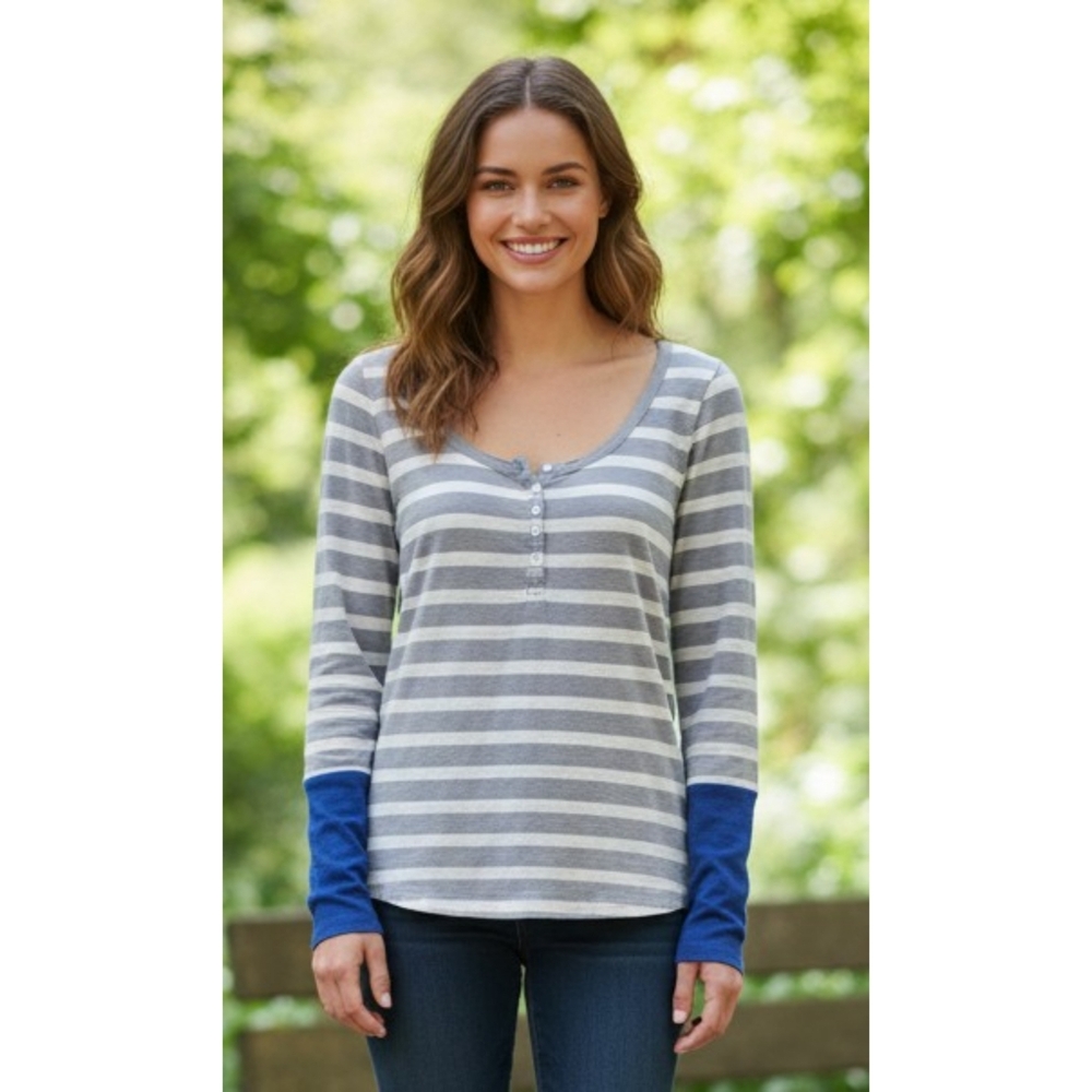 Express Striped Henley with Roll tab sleeves Gray & Blue Size M